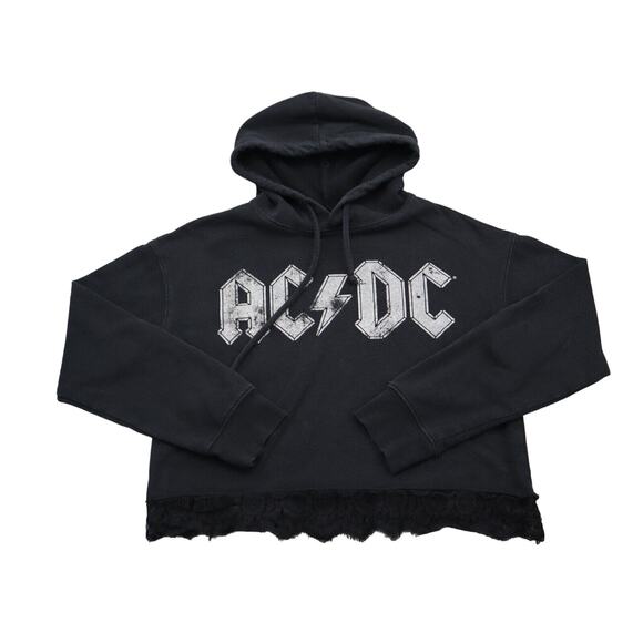 AC DC Sweatshirt Womens M Black Lace Trim Hem Drawstring Hoodie Activewear - Picture 1 of 16